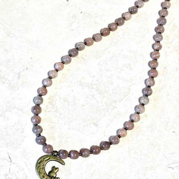Peach Moonstone Bronze Cat on the Moon Necklace, Genuine Gemstone Beaded Choker - Picture 11 of 14